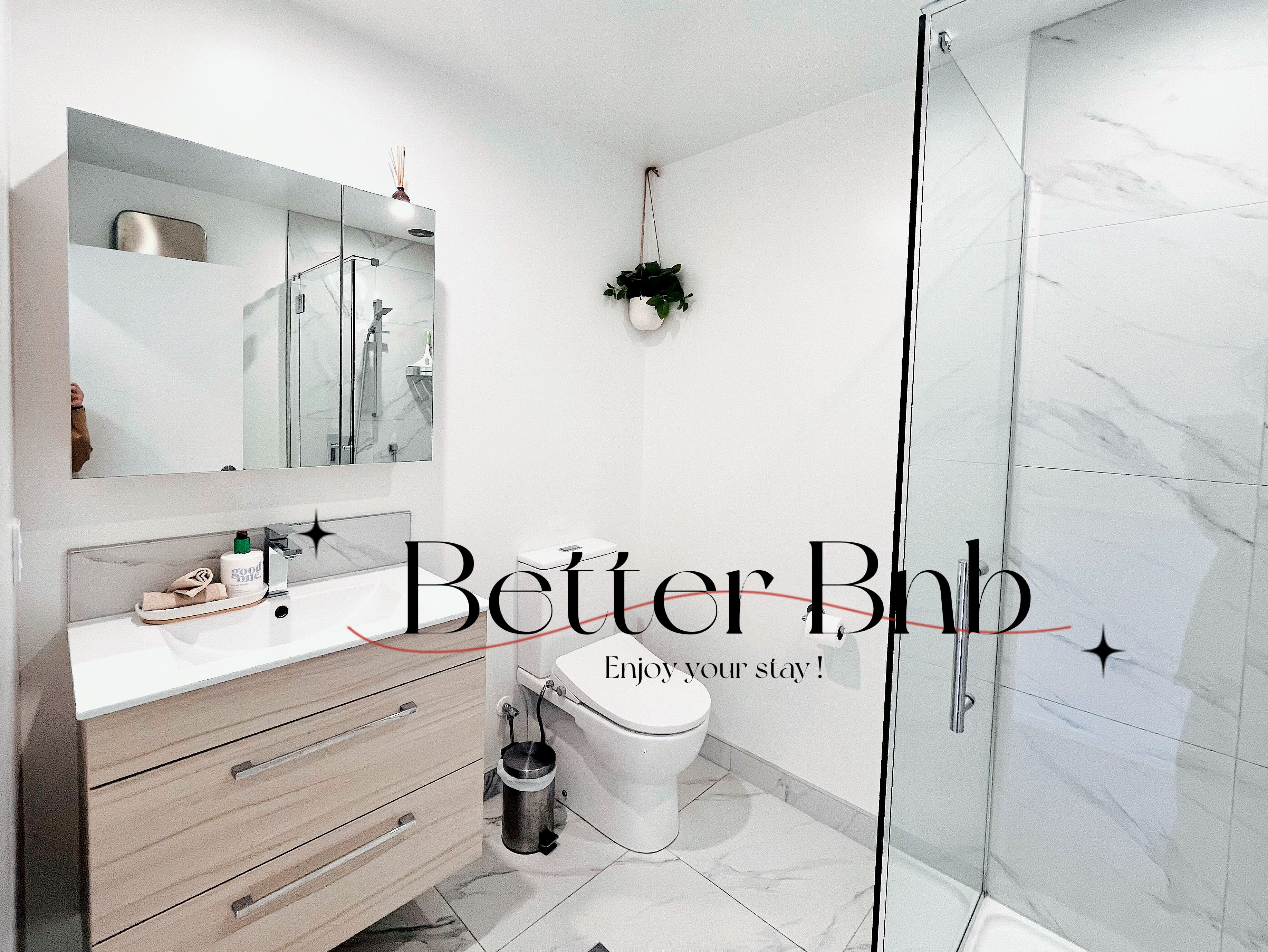 Shower, hair dryer, bidet, towels