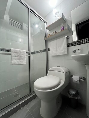 Shower, towels, soap, toilet paper