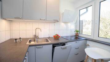 Kühlschrank, Mikrowelle, Herdplatte, Geschirrspüler