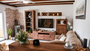 Een televisie en een open haard