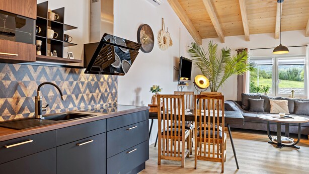 A modern kitchen with dark cabinetry, a built-in sink, and a geometric backsplash. - Holiday Apartment 'Im Garten Gottes' with Air Conditioning and Wi-Fi (Klosterlangheim)