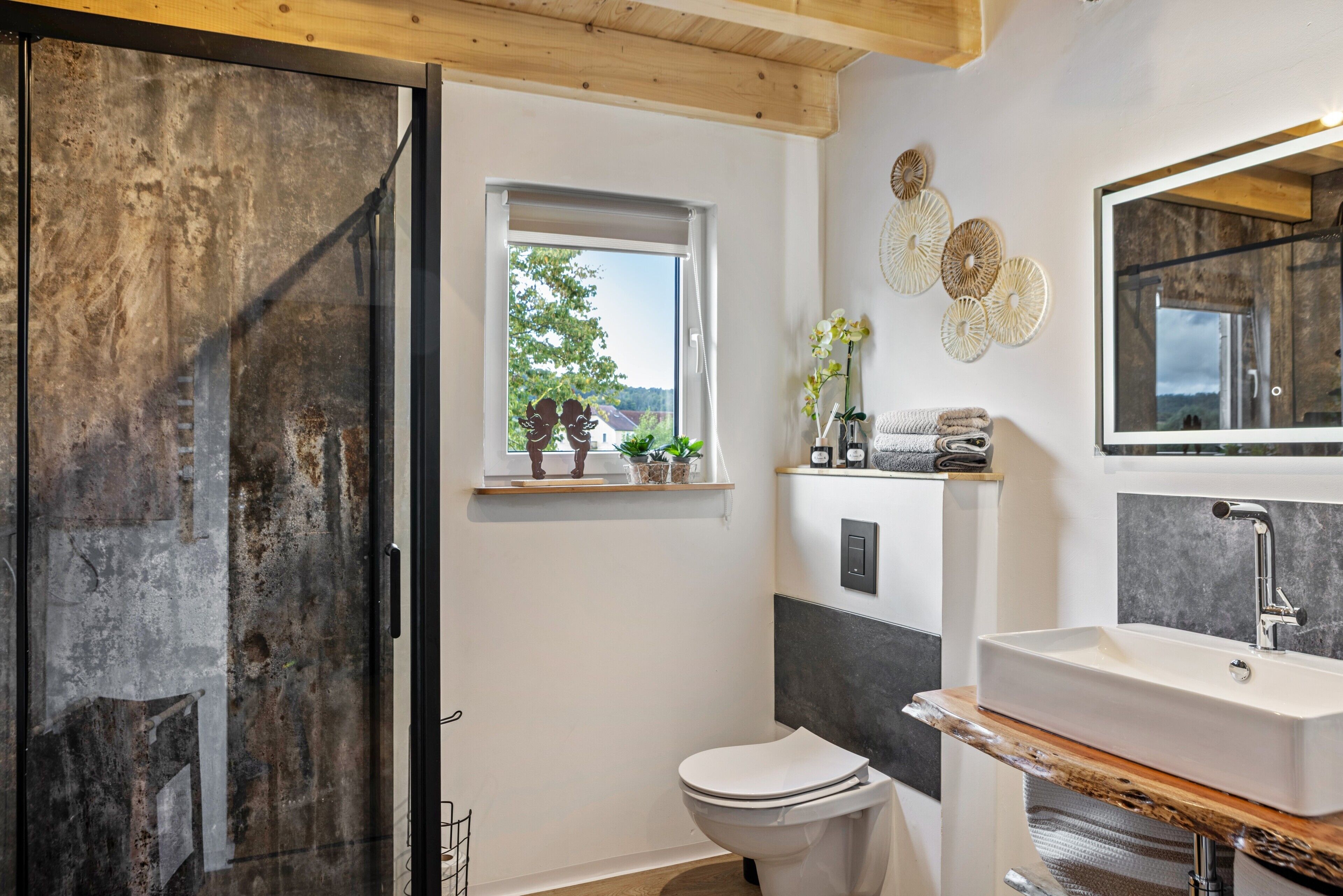 A bathroom with a wooden door, a window with plants, a sink, and a mirror.