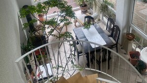 Un espace repas comprenant une table et des chaises, entouré de grandes fenêtres et agrémenté de plantes en pot.