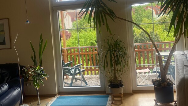Une pièce spacieuse dotée de grandes fenêtres, d’un plafond en bois et d’un balcon aménagé avec du mobilier d’extérieur.