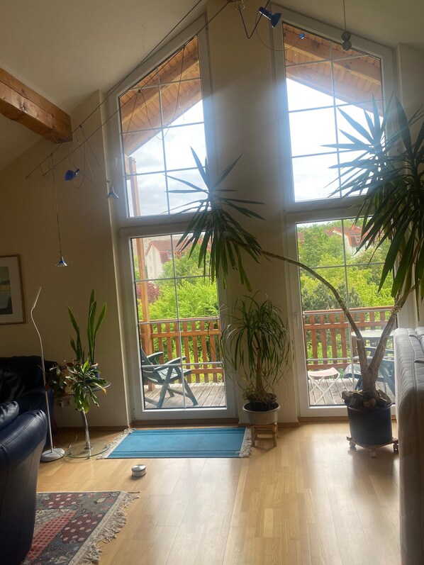 Ein geräumiges Zimmer mit großen Fenstern, einer Holzbalkendecke und einem Balkon mit Gartenmöbeln.