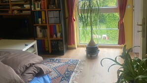 Une chambre à coucher avec un lit, une bibliothèque, une fenêtre avec des rideaux et une plante en pot.