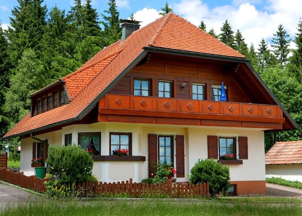 A two-story house with a sloped roof, wooden facade, and multiple windows.