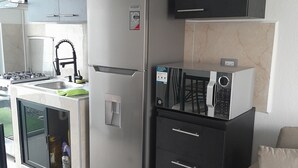 Une cuisine compacte équipée d’un réfrigérateur, d’un four à micro-ondes encastré et d’un évier.