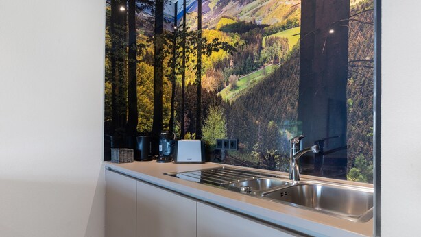 A kitchen with a stainless steel sink, a coffee maker, and a toaster. - Apartment '2' with Private Terrace, Balcony and Wi-Fi (Schmallenberg)