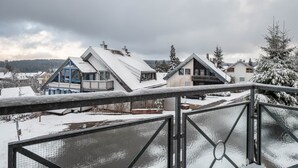 Un quartier résidentiel aux toits et aux maisons couverts de neige.