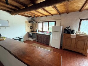 Een koelkast, een oven, een kookplaat, een koffiezetapparaat/waterkoker