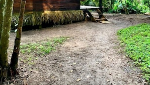 A rustic wooden cabin with a red roof, surrounded by lush greenery and a dirt path. - amazonian oropendola tambopata (Tambopata)