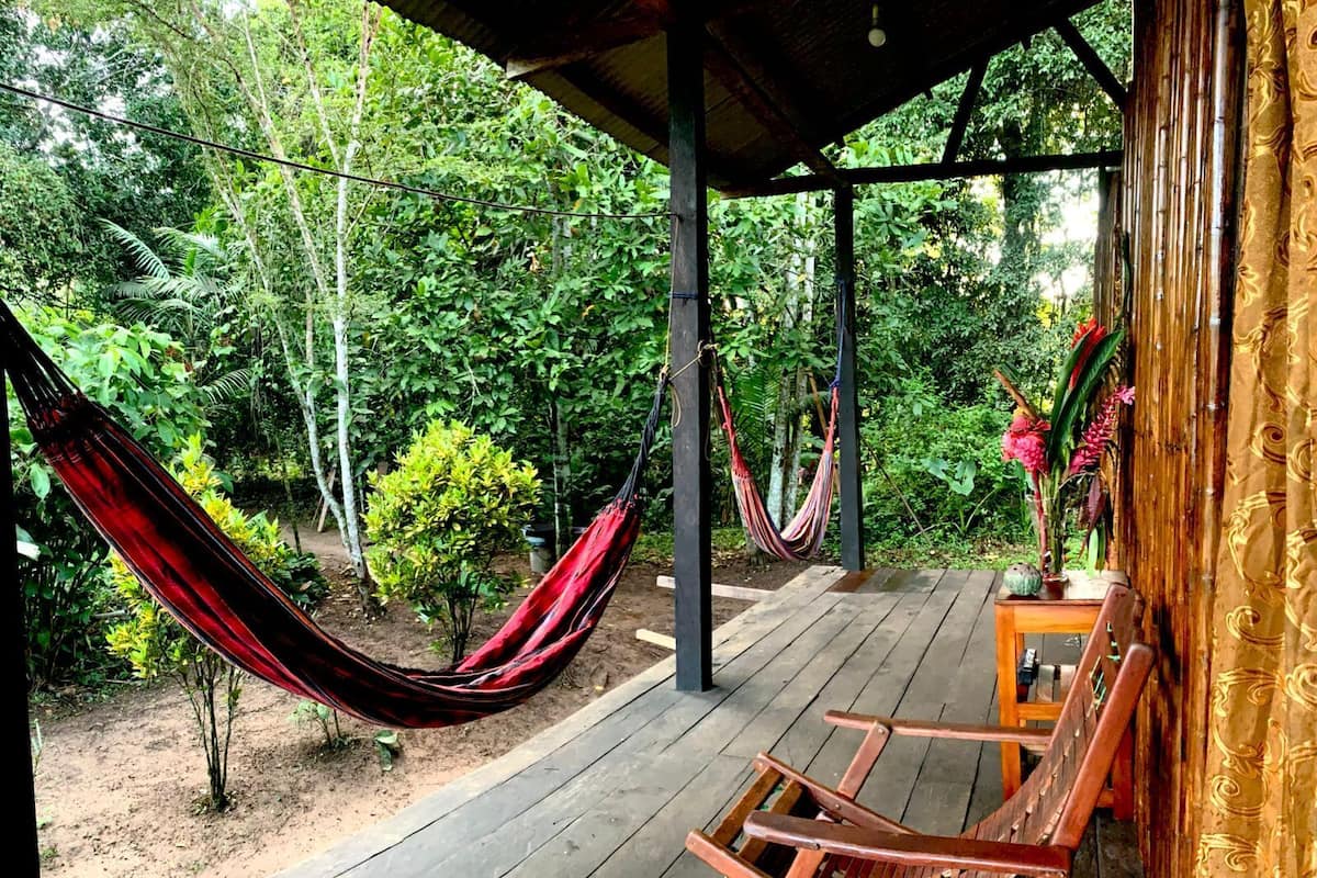 Una terraza de madera con dos hamacas, un banco de madera y una planta en maceta.