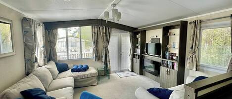 Télévision, cheminée, chaîne hi-fi