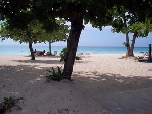 A beach with white sand, palm trees, and lounge chairs.