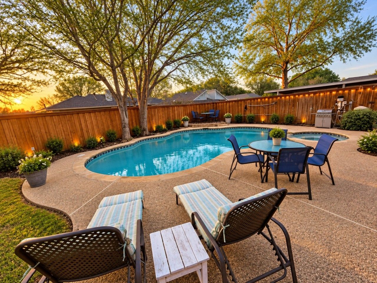 A backyard with a swimming pool, lounge chairs, and a barbecue area.