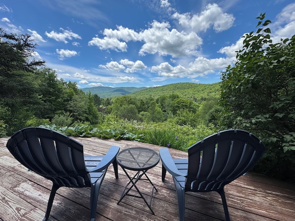 Una terrazza con due sedie e un tavolo, affacciata su un paesaggio verdeggiante con colline e alberi.