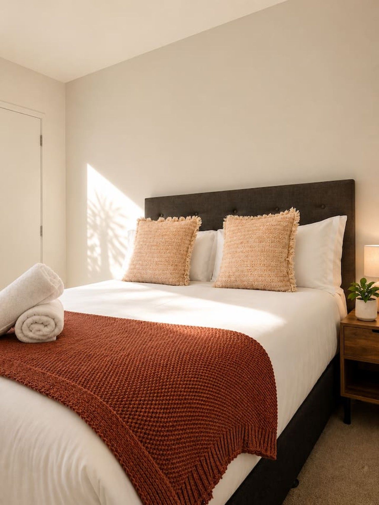 A neatly made bed with a dark headboard, two pillows, a rolled towel, and a brown knitted blanket.