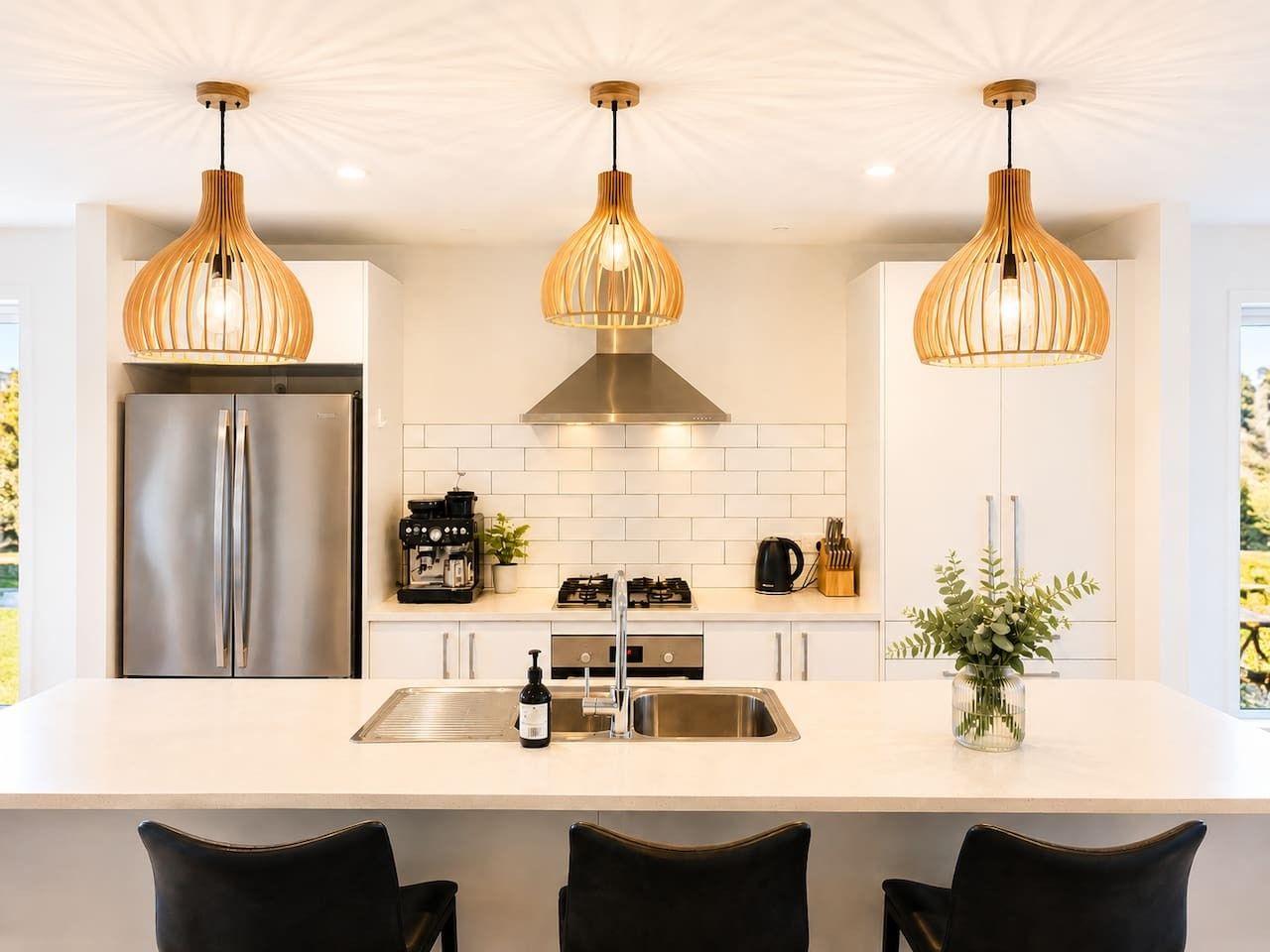 Une cuisine moderne équipée d’un réfrigérateur en acier inoxydable, d’une cuisinière à gaz et d’un évier. Trois lampes suspendues sont fixées au-dessus du plan de travail.