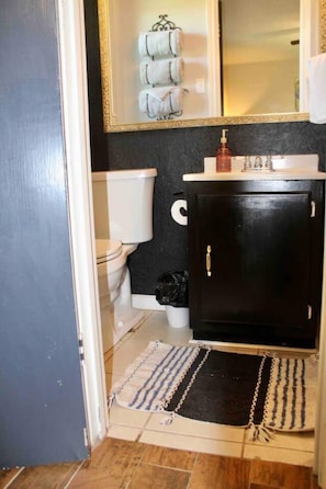 A bathroom with a toilet, a black cabinet, a sink, and a mirror. - Wine Country Retreat | Saint Jo 3BR Home + Pool & Hot Tub (Saint Jo)