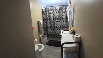 Hair dryer, towels, soap, shampoo