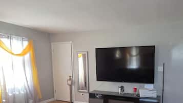 Smart TV, fireplace, video games, DVD player