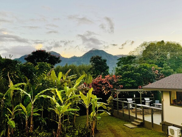 A patio area with a view of mountains, surrounded by lush greenery and banana plants. - Tropical Paradise #7 at HBR, King Bed Studio with beach access, AC & kitchenette (Princeville)