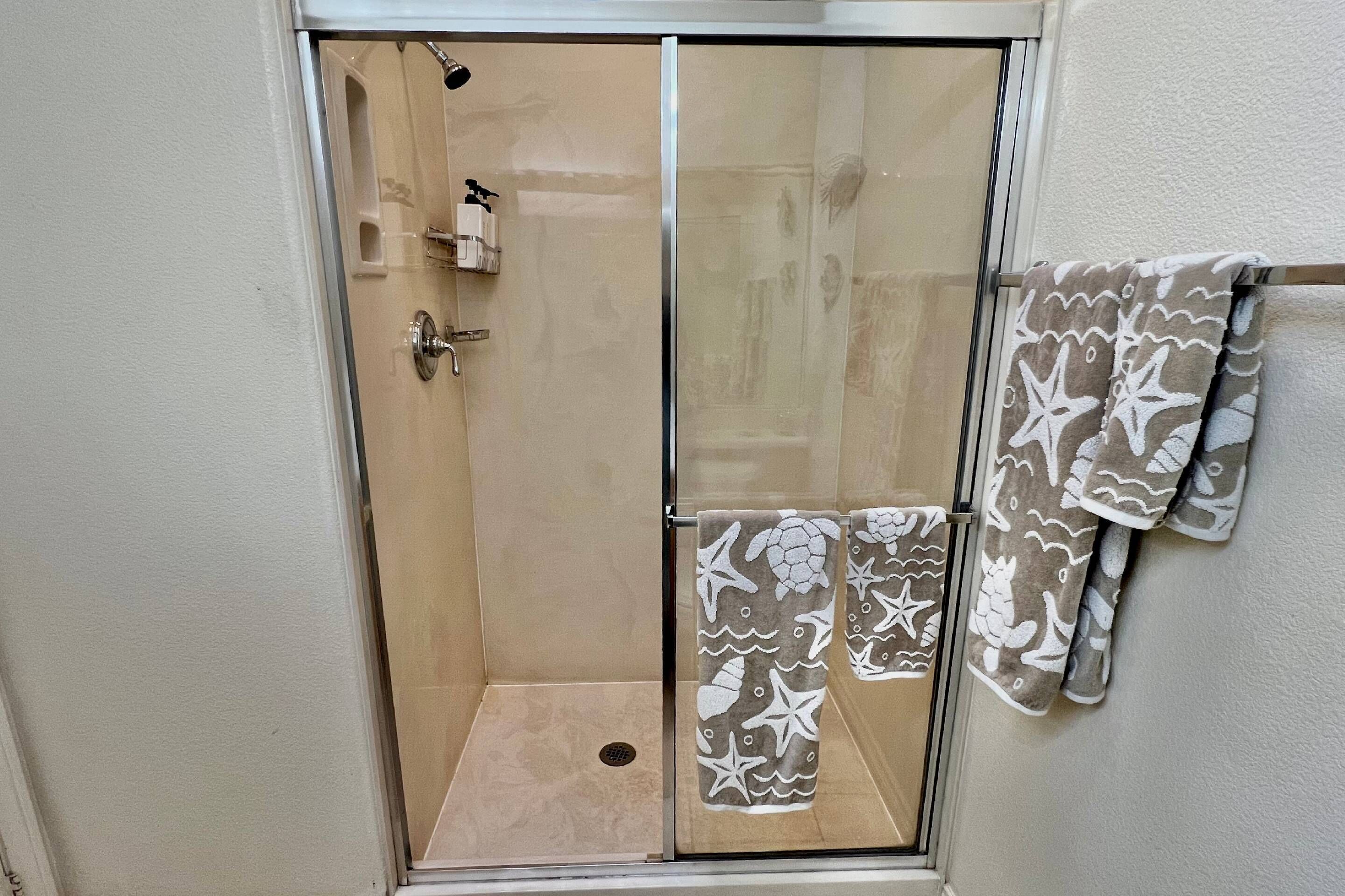 Shower, hair dryer, towels, shampoo