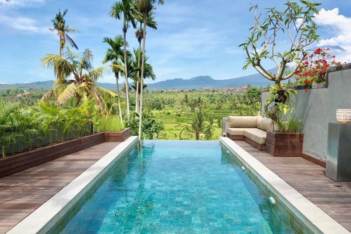 Ein rechteckiger Infinity-Pool mit klarem, blauem Wasser, umgeben von Holzterrassen und begrenzt durch eine niedrige Steinmauer.