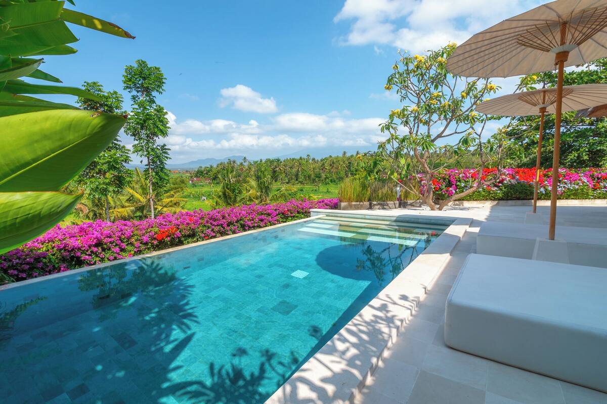 Ein Schwimmbecken mit klarem Wasser, umgeben von üppigem Grün und farbenprächtigen Blumen.