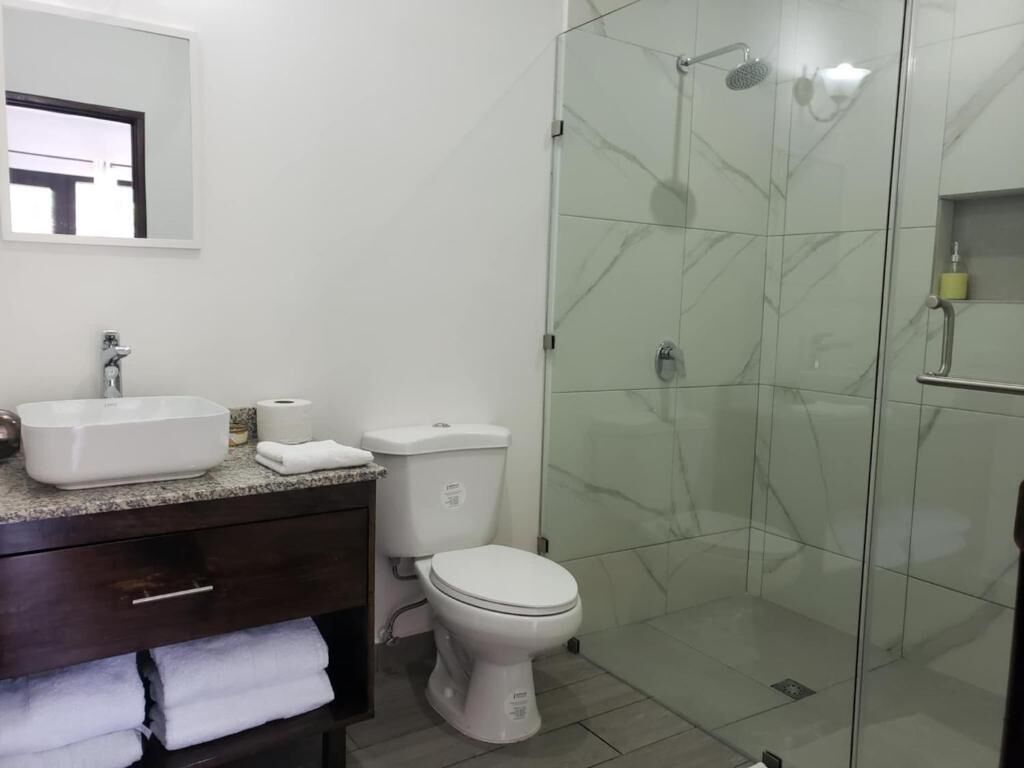 A bathroom with a glass-enclosed shower, a white toilet, a sink with a marble countertop, and a mirror above the sink.
