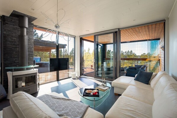 Smart-TV, Kamin, Stereoanlage