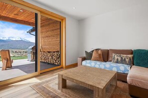 Smart TV, fireplace, books, stereo