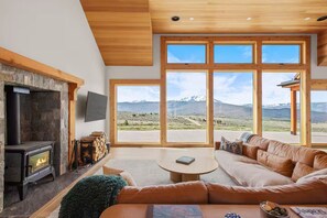Smart TV, fireplace, books, stereo