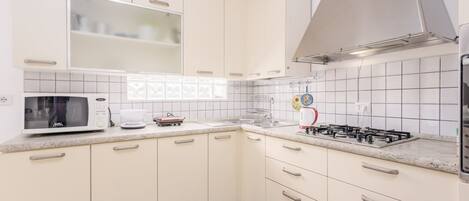 Fridge, microwave, stovetop, coffee/tea maker