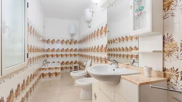 Douche, sĂšche-cheveux, bidet, serviettes fournies