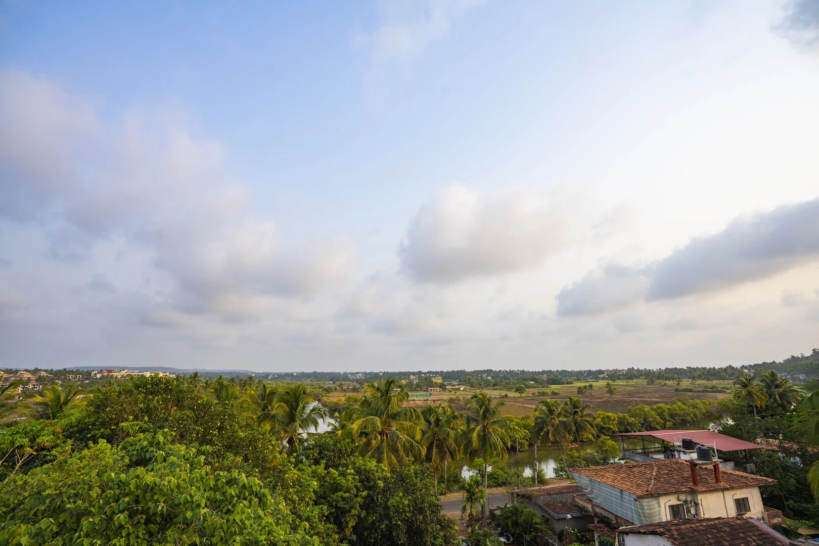 A rural landscape with scattered houses, palm trees, and a river.