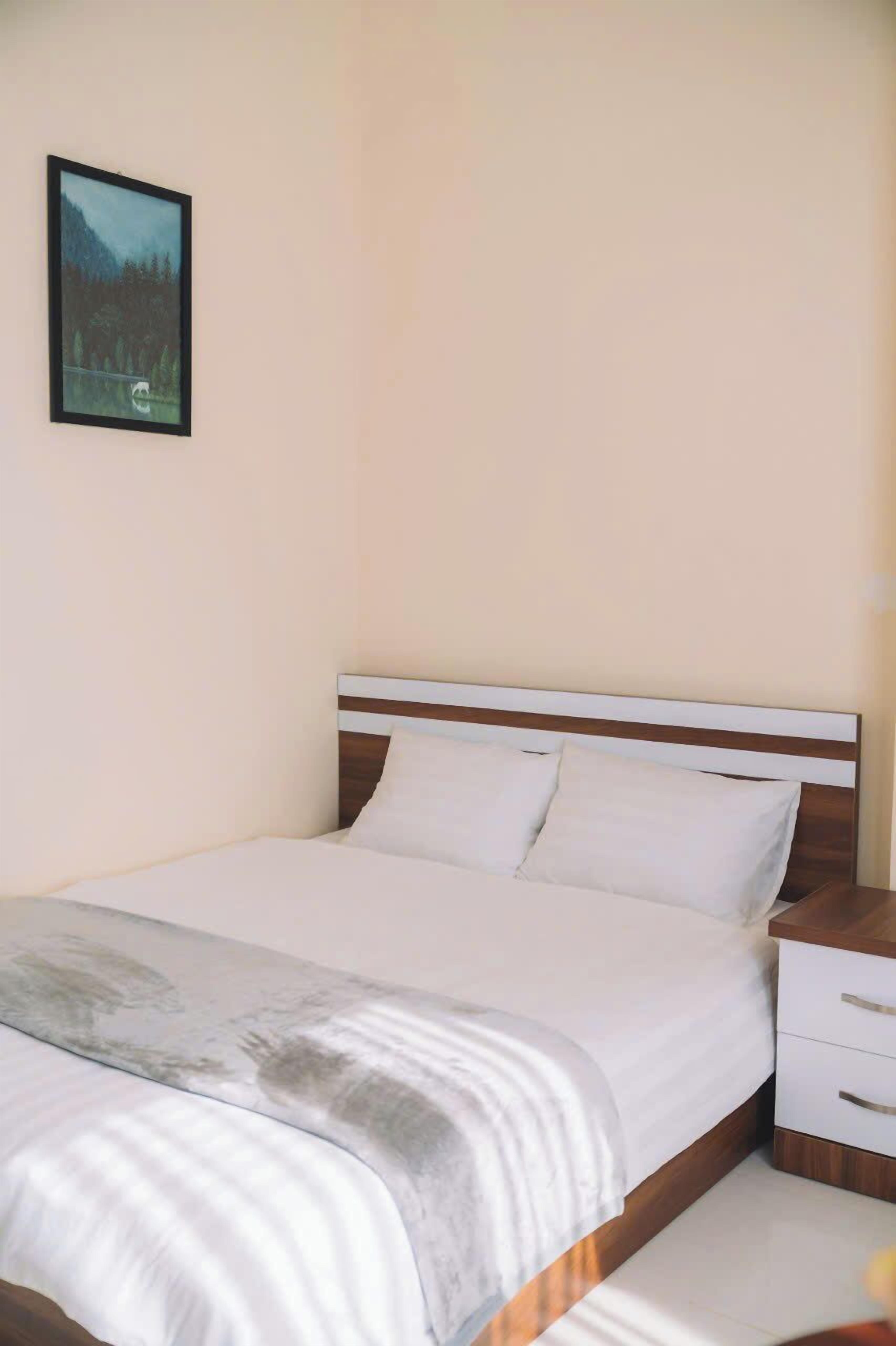 A neatly made bed with white bedding and a wooden headboard, a small bedside table with drawers, and a framed picture on the wall.
