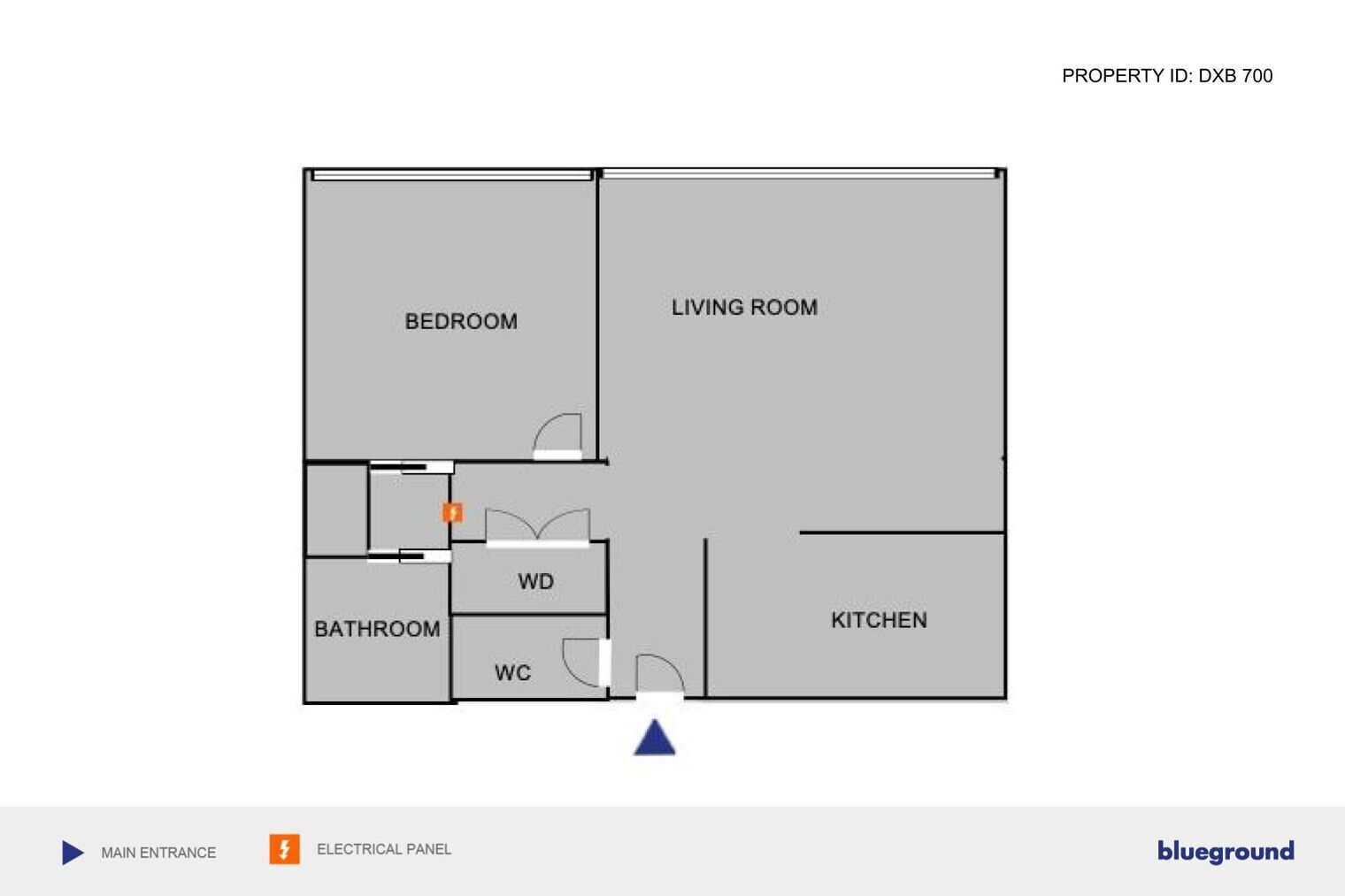 A floor plan of a property with a bedroom, living room, bathroom, WC, and kitchen.