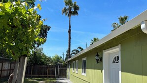 Un edificio verde con una puerta blanca, un camino pavimentado y una palmera alta al fondo.