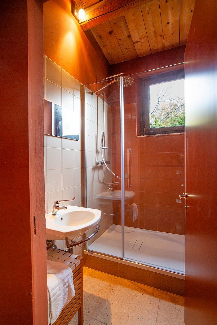 Een moderne badkamer met een douchecabine van glas, een witte wastafel en een houten plafond.