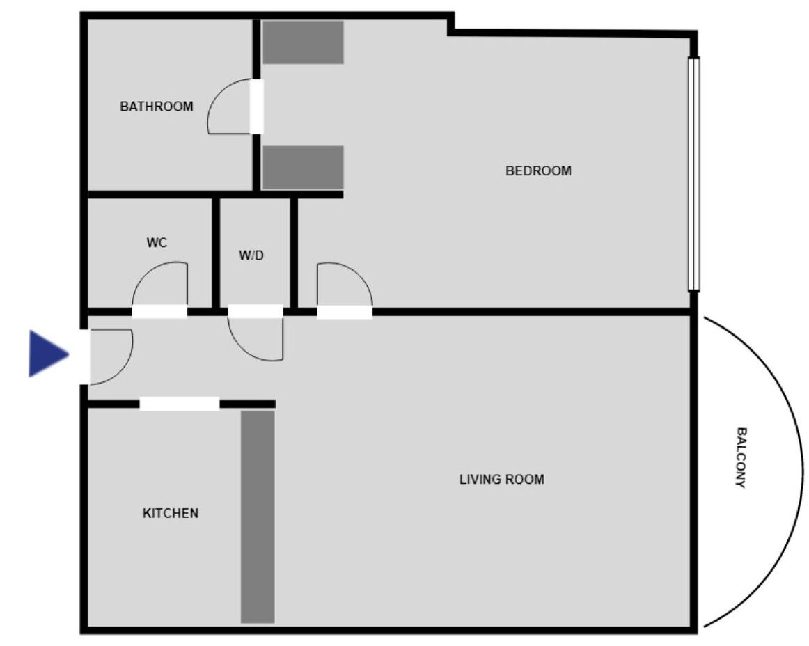 Een plattegrond met een slaapkamer, badkamer, toilet, wasmachine/droger, keuken, woonkamer en balkon.
