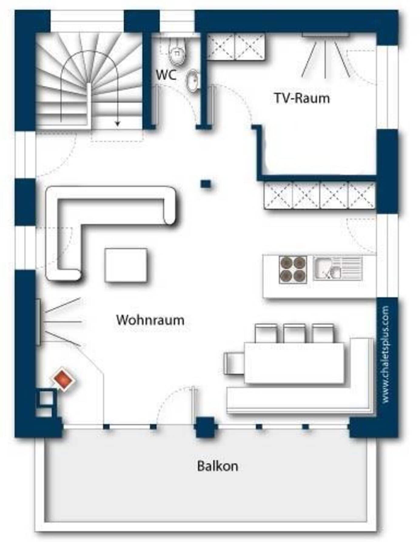 A floor plan with a living room, TV room, WC, balcony, and a staircase.