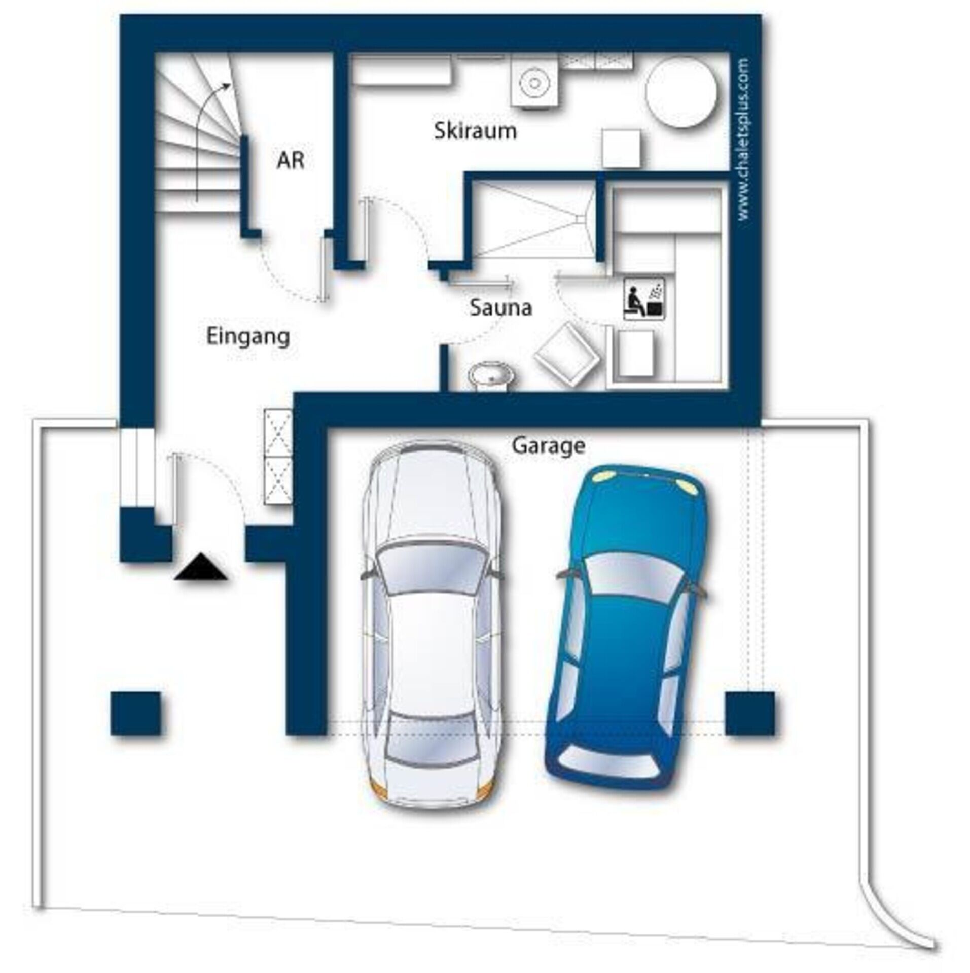 A floor plan with an AR room, Skirium, Sauna, and a Garage with two cars.