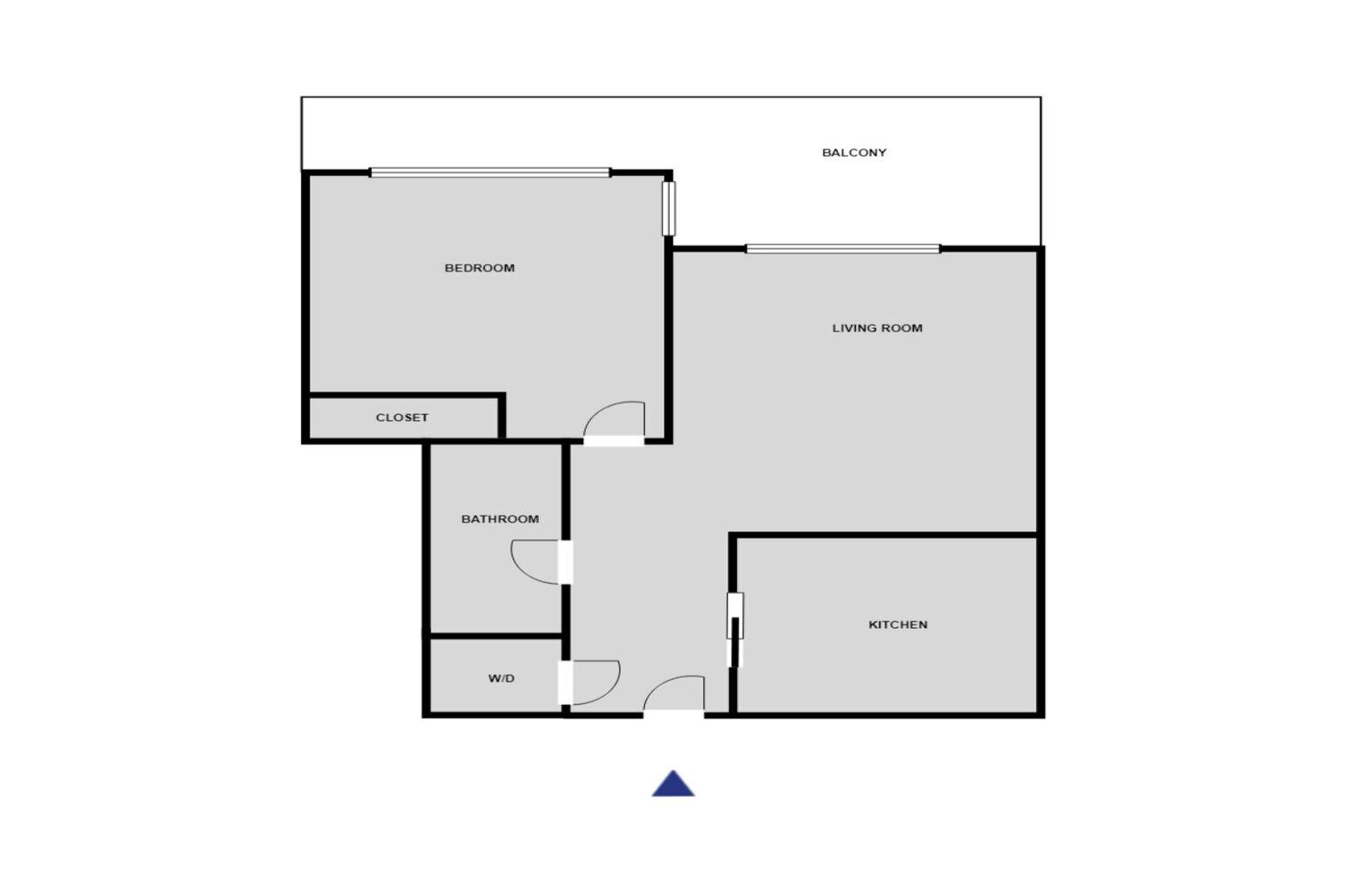 A floor plan with a bedroom, living room, balcony, kitchen, bathroom, and closet.