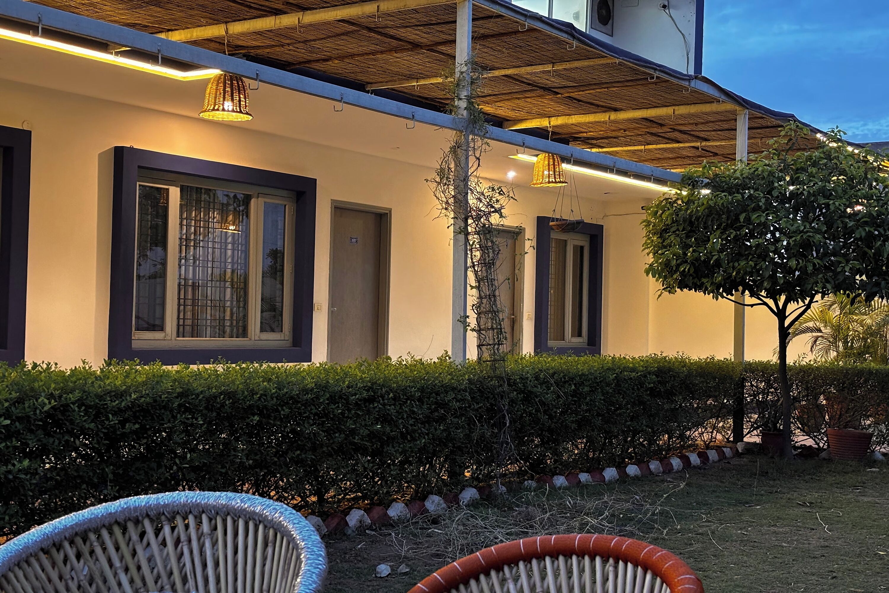 A modern building with large windows, a covered patio area, and neatly trimmed hedges.