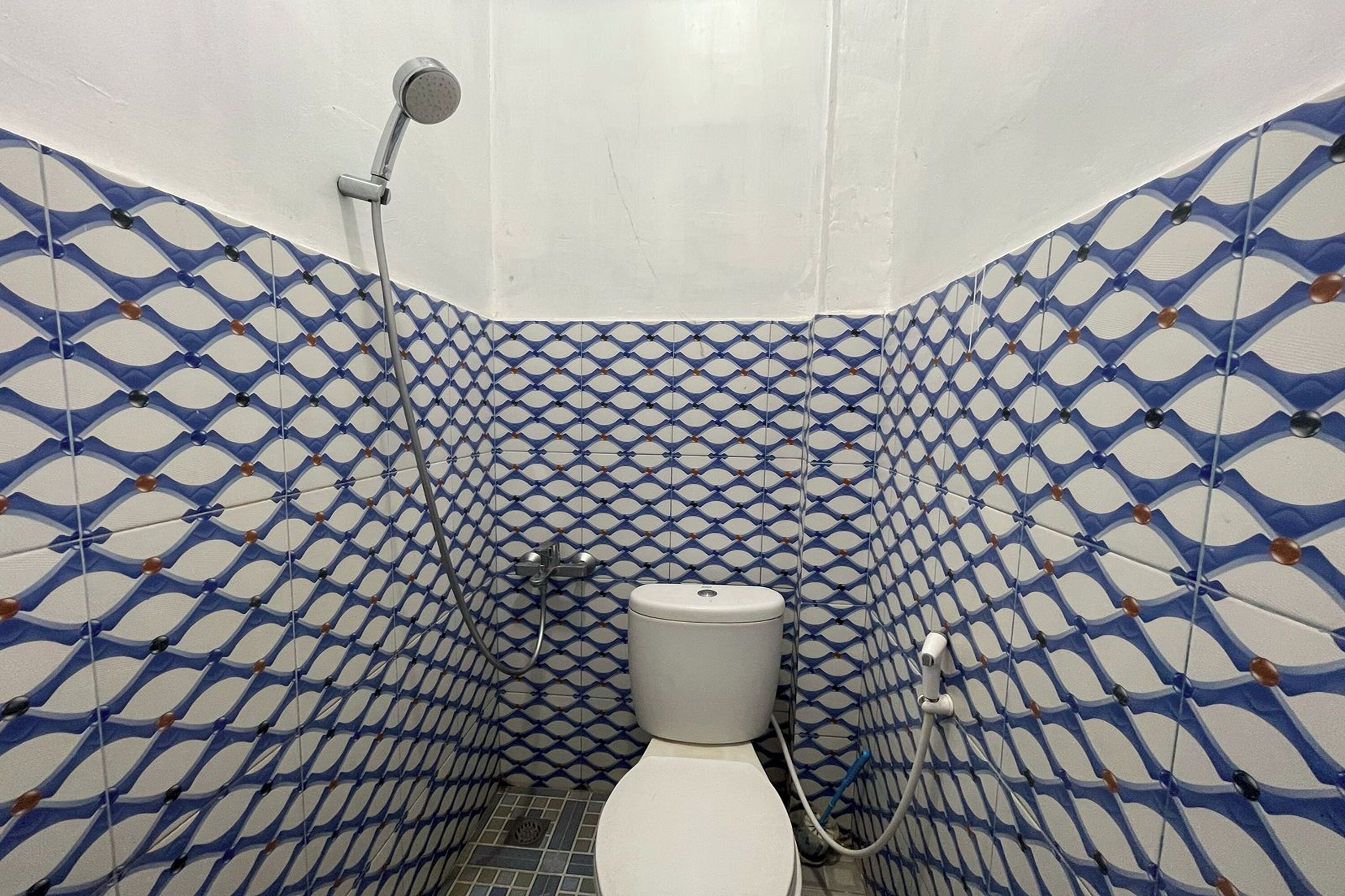Un baño con inodoro blanco, paredes con estampado azul y ducha.