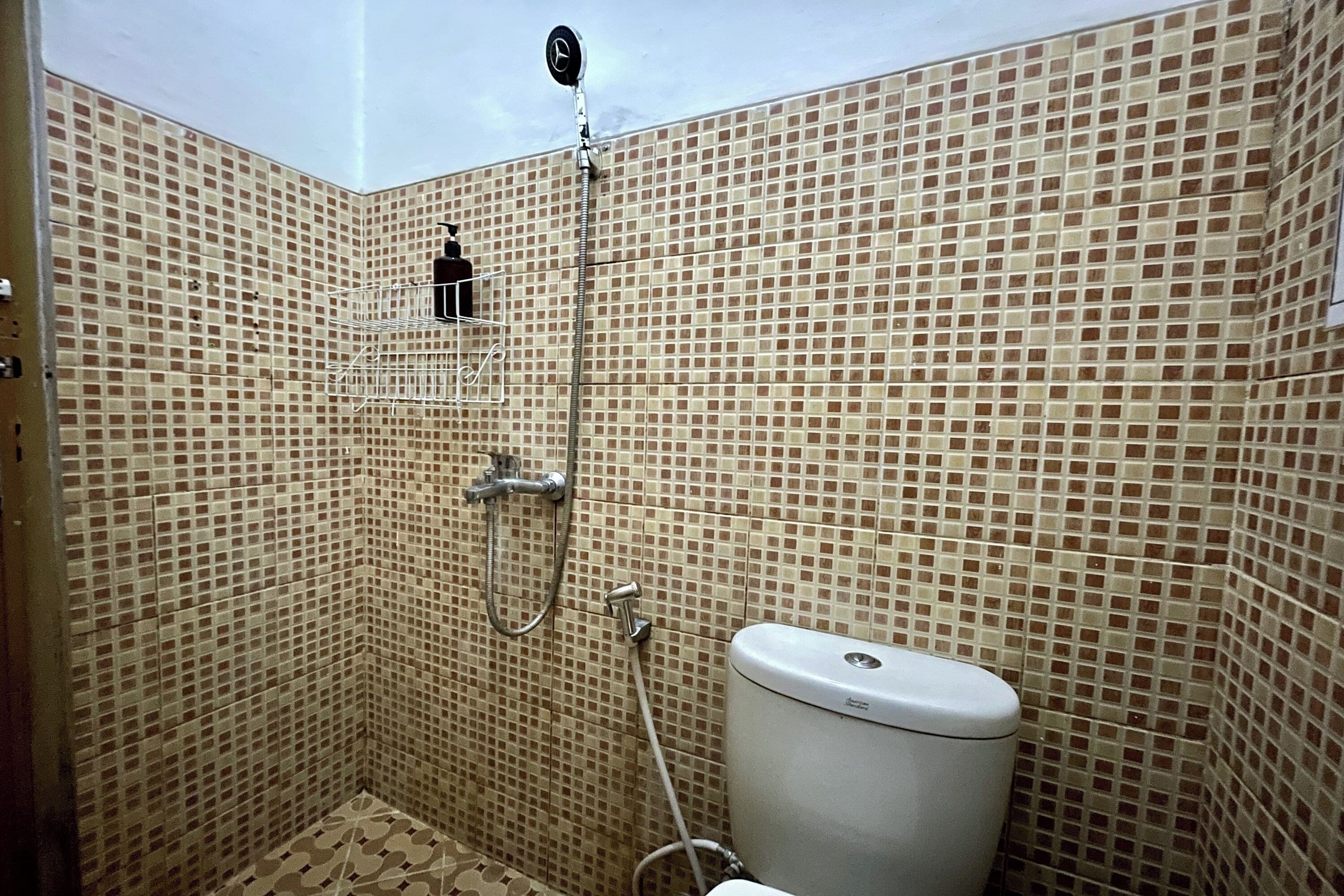 Ett badrum med väggar beklädda med mosaik, en dusch och en toalett.