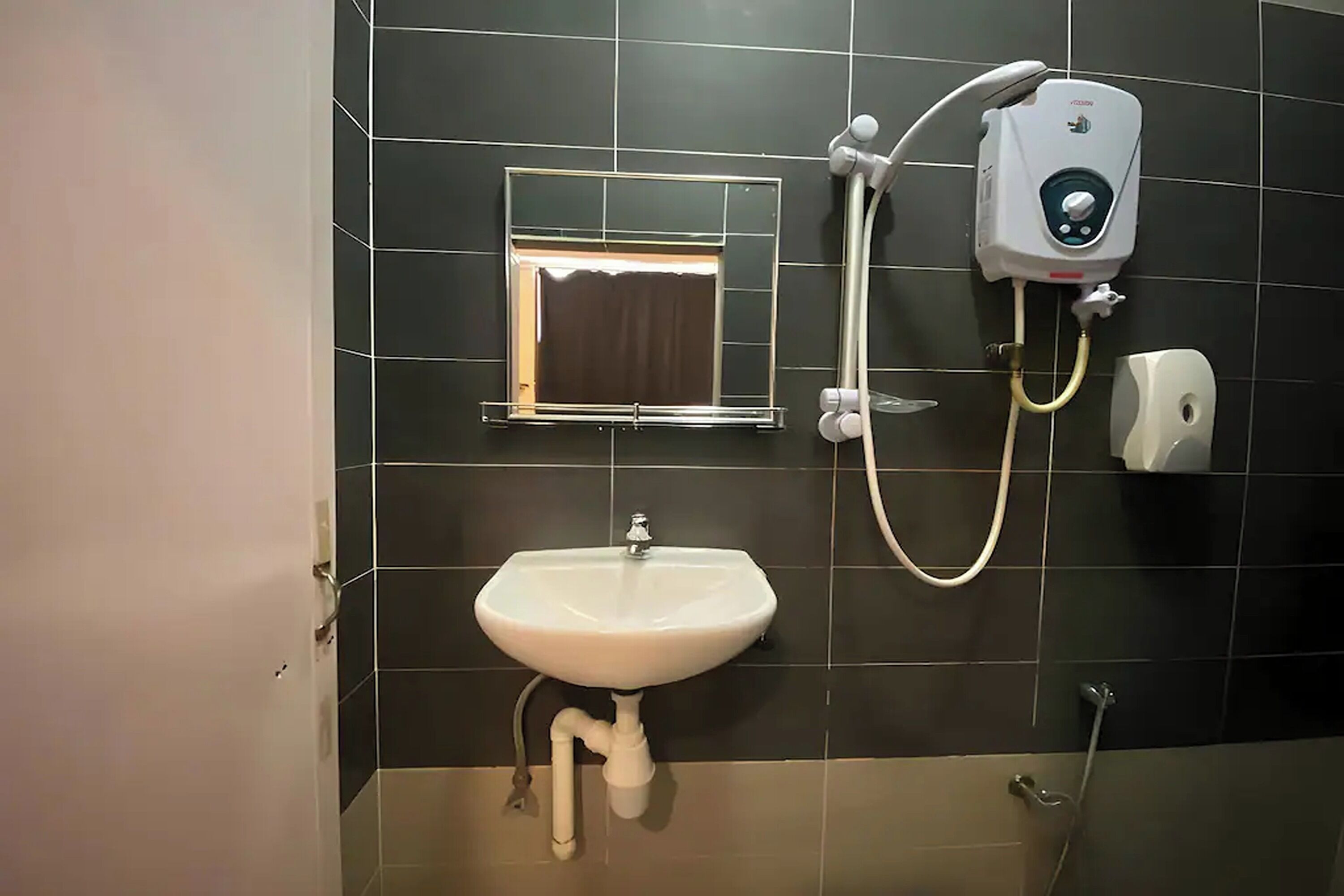 A bathroom with a white sink, a handheld showerhead, and a mirror.