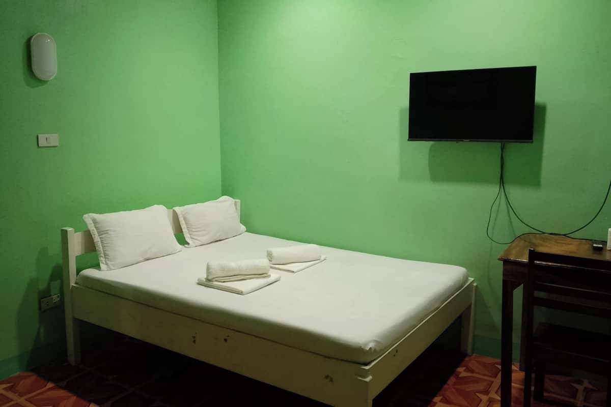 Une chambre avec un lit simple, des murs verts, un téléviseur à écran plat fixé au mur et une table de chevet en bois.